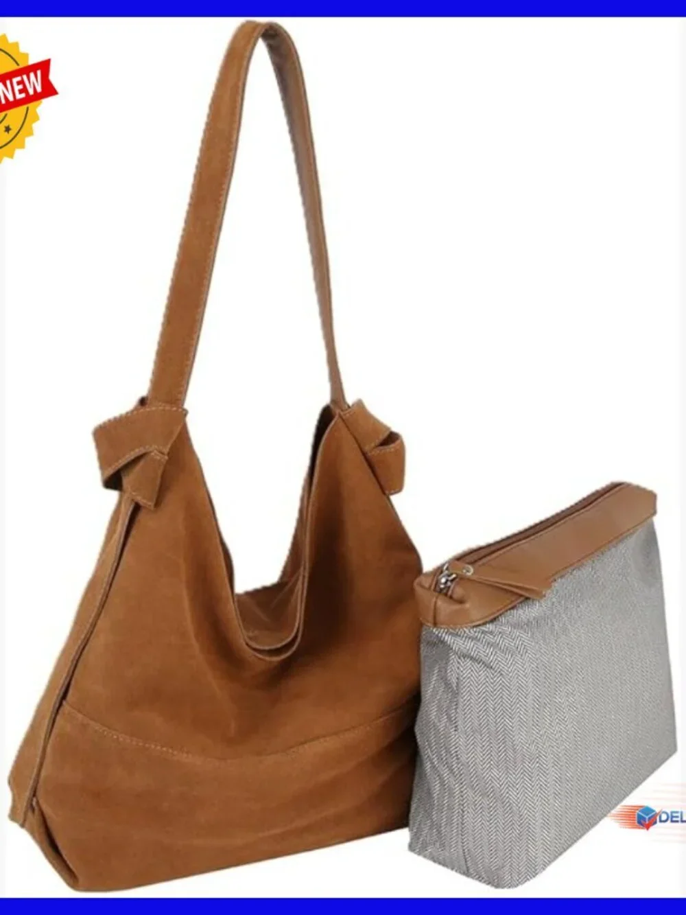 Large Genuine Suede Hobo Tote with Detachable Pouch for Everyday Use